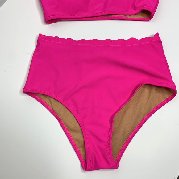 Womens 2 Piece One Shoulder Swimsuit Size Small Hot Pink High Waist - Picture 6 of 16